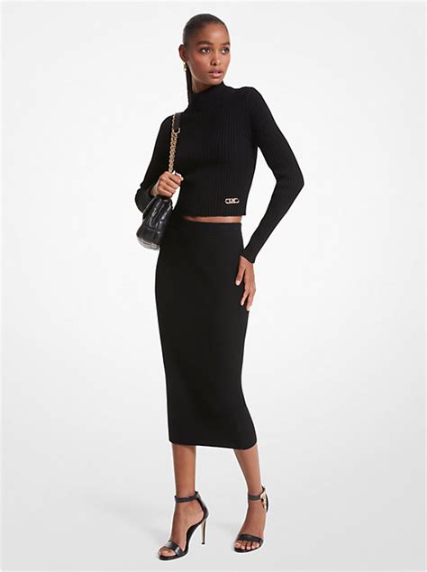 Ribbed Merino Wool Blend Pencil Skirt 